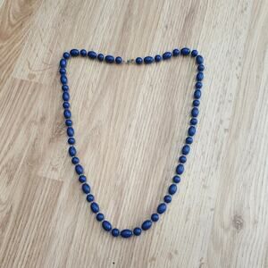 Indigo Blue Acrylic Beaded Necklace Long Graduated Oval Round Plastic Strand
